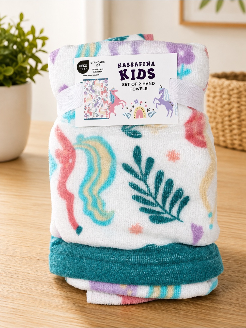 Unicorn Print Hand Towels - White with Teal and Multicolor Accents, Set of 2